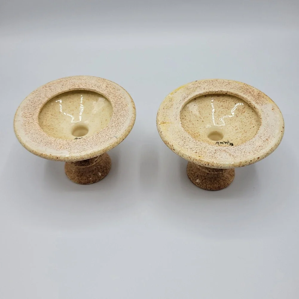 Folk Art Glazed Pottery Pair Candle Stick Holders Signed ARTIA Cherries Fruits